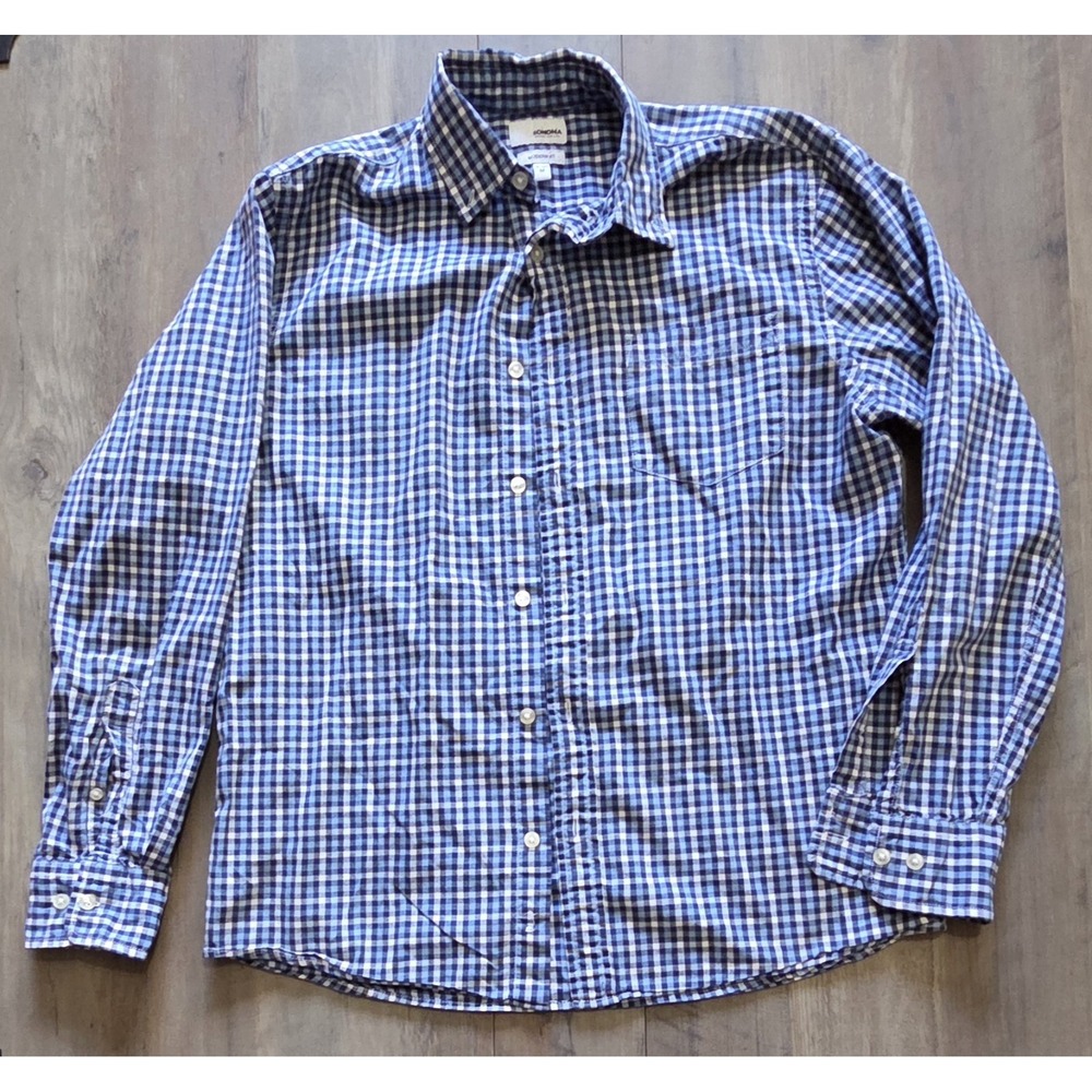 Sonoma Modern Fit Blue & White Checkered Button Up Long Sleeve Shirt Men M
